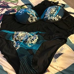 Black and Blue Bikini with Ruffled Mini Skirt